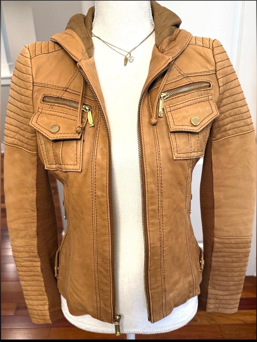 MICHAEL KORS LEATHER HOODIE BIKER TRUCKER JACKET 2K BOHO SOFT NUBUCK  POCKETS XS
